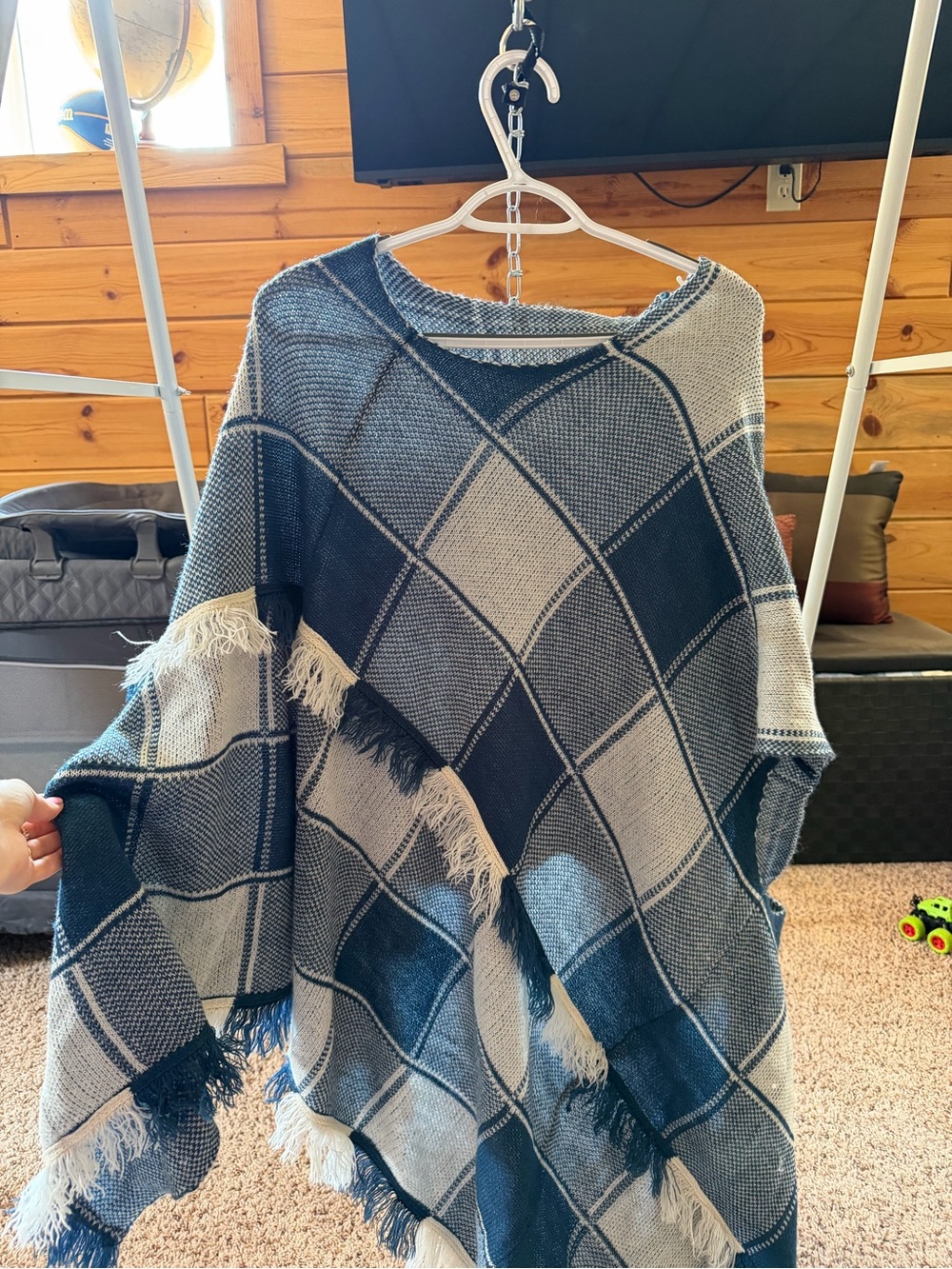 Blue and Gray Plaid Fringe Women's Sweater Poncho